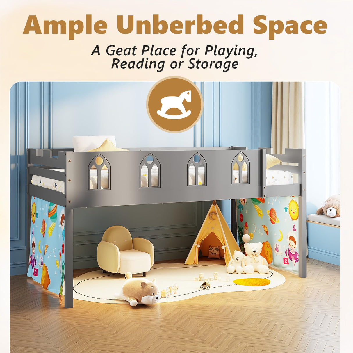 JOYMOR Low Loft Bed with LED Lights, Twin Loft Bed with Stairs, Safety Guardrail, Curtain, Wooden Bed Frame for Kids with Storage Bookcase and Under-Bed Play Space (Gray) JOYMOR