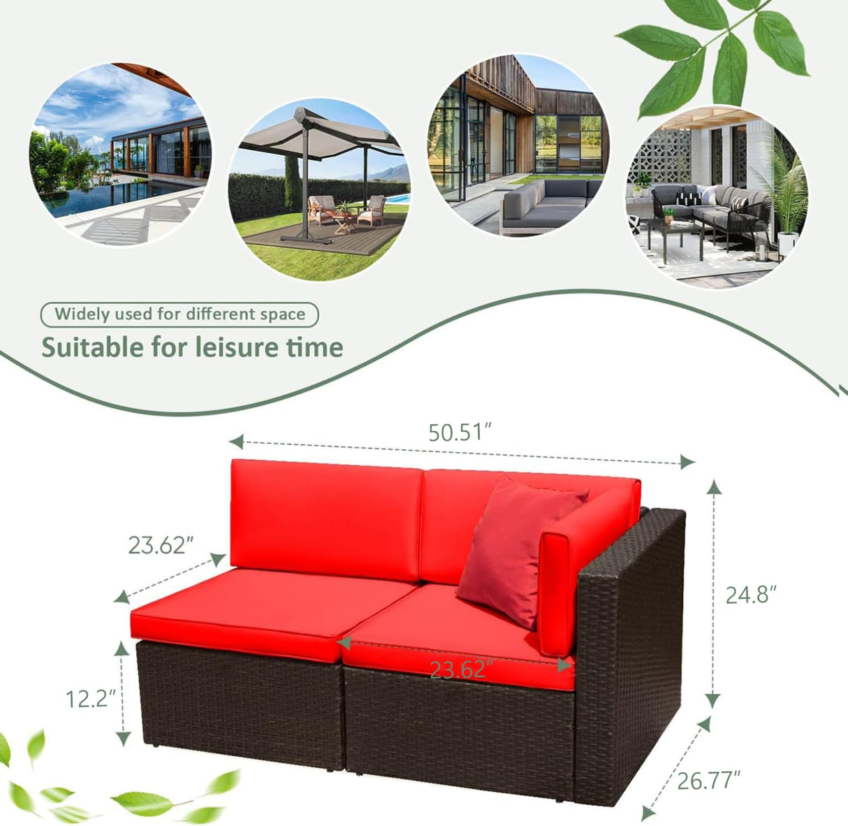Devoko 2 Pieces Patio Furniture Sofa Sets Outdoor All-Weather Sectional Corner Sofa and Armless Sofa (Red) Devoko