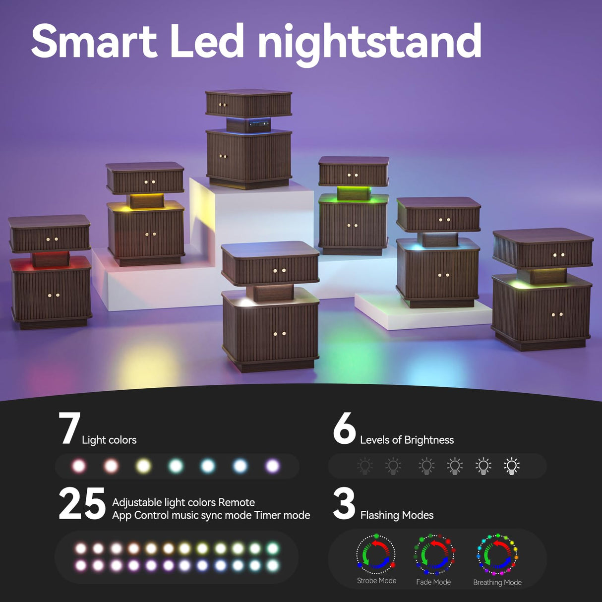 Night Stand, LED Nightstand, Modern Nightstand with Charging Station, Night Stand with 2 Drawers and Sliding Door, Curvy Edge, Small Bedside Table for Bedroom, Walnut AKMAKM