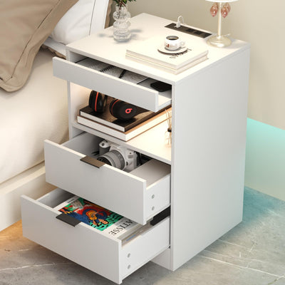 Gadroad LED Nightstand with Charging Station, Bedside Table with 3 Drawers and LED Lights, End Table Sofa Couch Side Table with Pull-Out Shelf, White