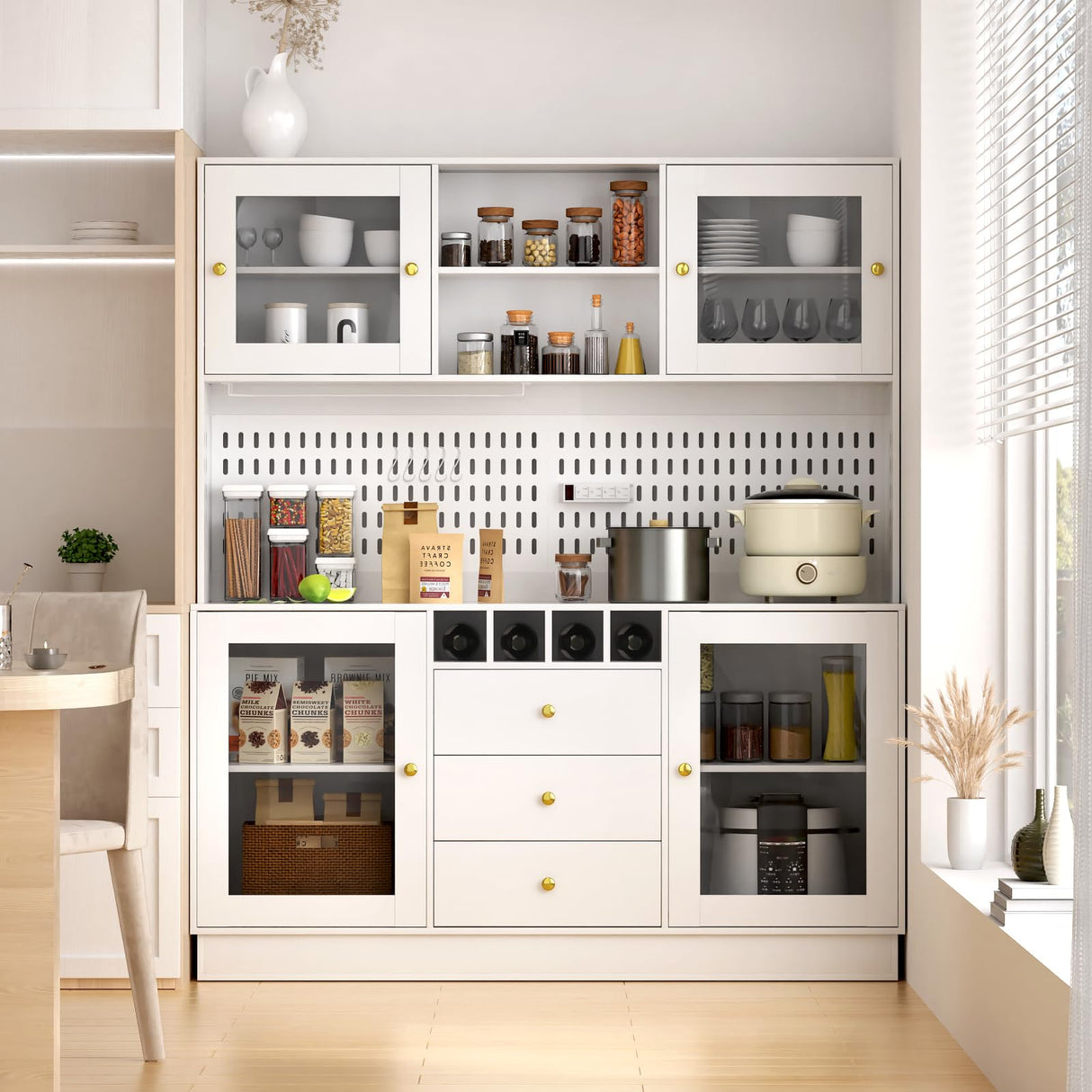 VOWNER Kitchen Hutch Cabinet, Pantry Cabinet, Freestanding Buffet Hutch with Pegboard, Cup Holder, Power Outlet, 4 Doors & 3 Drawers, Cupboard with Microwave Shelf & Wine Racks (White) VOWNER