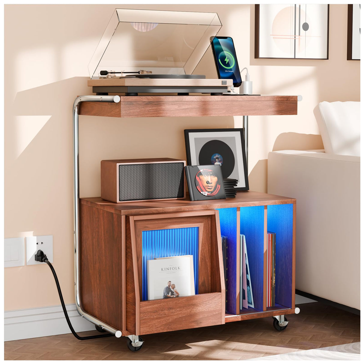 Large Record Player Stand with Sliding Door and Wheels,200 Vinyl Record Storage Cabinet, Record Player Table with Power Outlet & LED Light,Turntable Stand with Wood Legs for Living Room,Bedroom,Office MULEJYBO