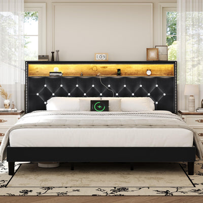 HOMBCK King Size Bed Frame with LED Lights and Storage Headboard, Velvet Upholstered Bed Frame King with Charging Station, Modern Diamond and Rivet Design, No Box Spring Needed, Easy Assembly, Black