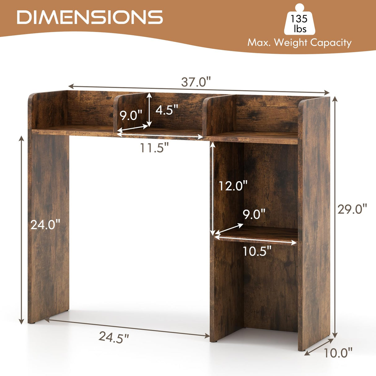 Tangkula Brown Desktop Bookshelf and Storage Hutch with 5 Shelves for Organised Workspaces Tangkula