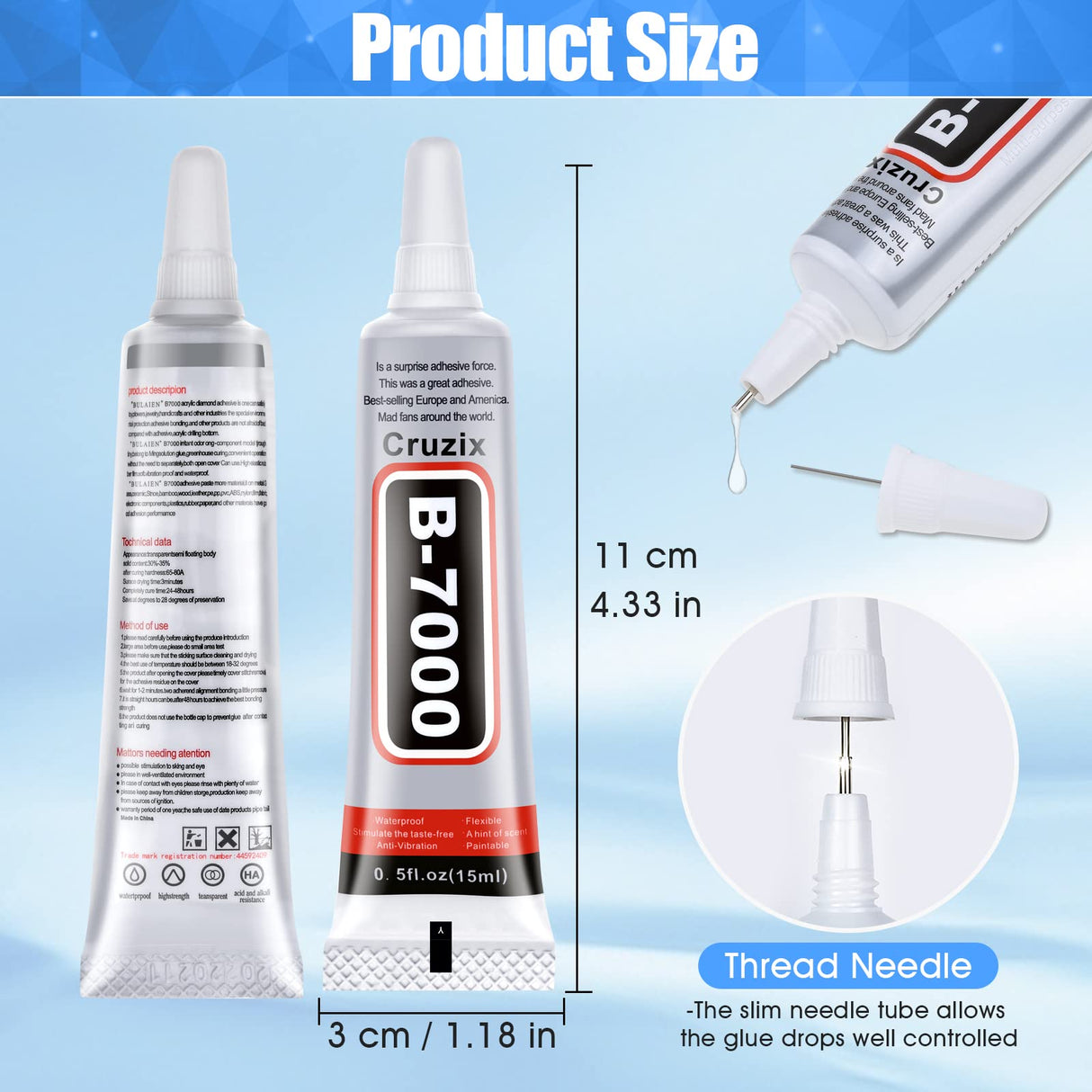 B-7000 Glue Clear for Rhinestone Crafts, Jewelry and Bead Adhesive B7000 Semi Fluid High Viscosity Glues for Clothes Shoes Fabric Cell Phones Screen Repair Metal Stone Nail Art Glass (4x15 ml/0.5 oz) Cruzix