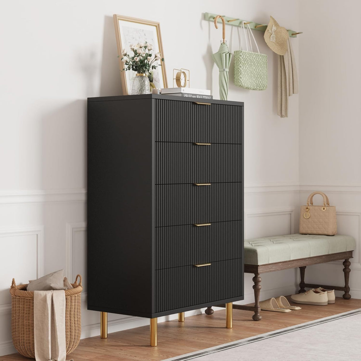 Garveehome Black Dresser, Modern 5 Drawer Dresser for Bedroom with Gold Handle and Large Drawer, Wood Double Chest of Drawers and Storage Organizer for Living Room, Hallway, Entryway Garveehome