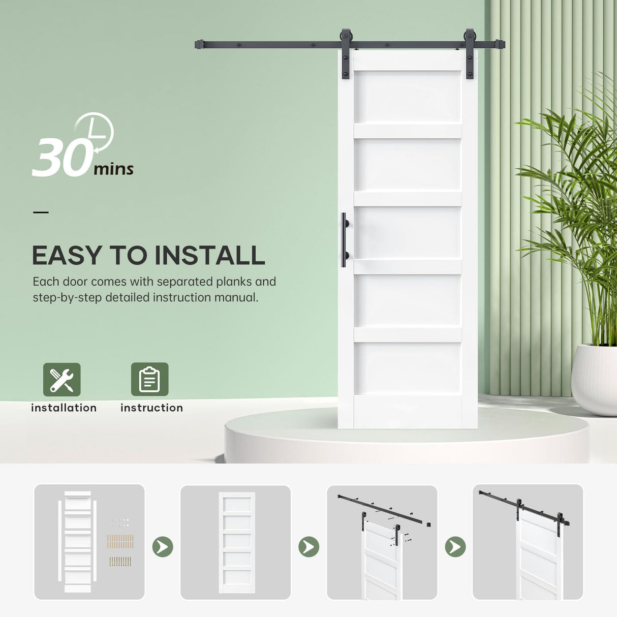 ROYMELO 30x84 Inch White Sliding Barn Door Slab with 5.5ft Hardware Kit Included, 5-Panel, MDF Wood Panel Covered with Water-Proof Scratch-Proof PVC Surface, Simple DIY Assembly ROYMELO