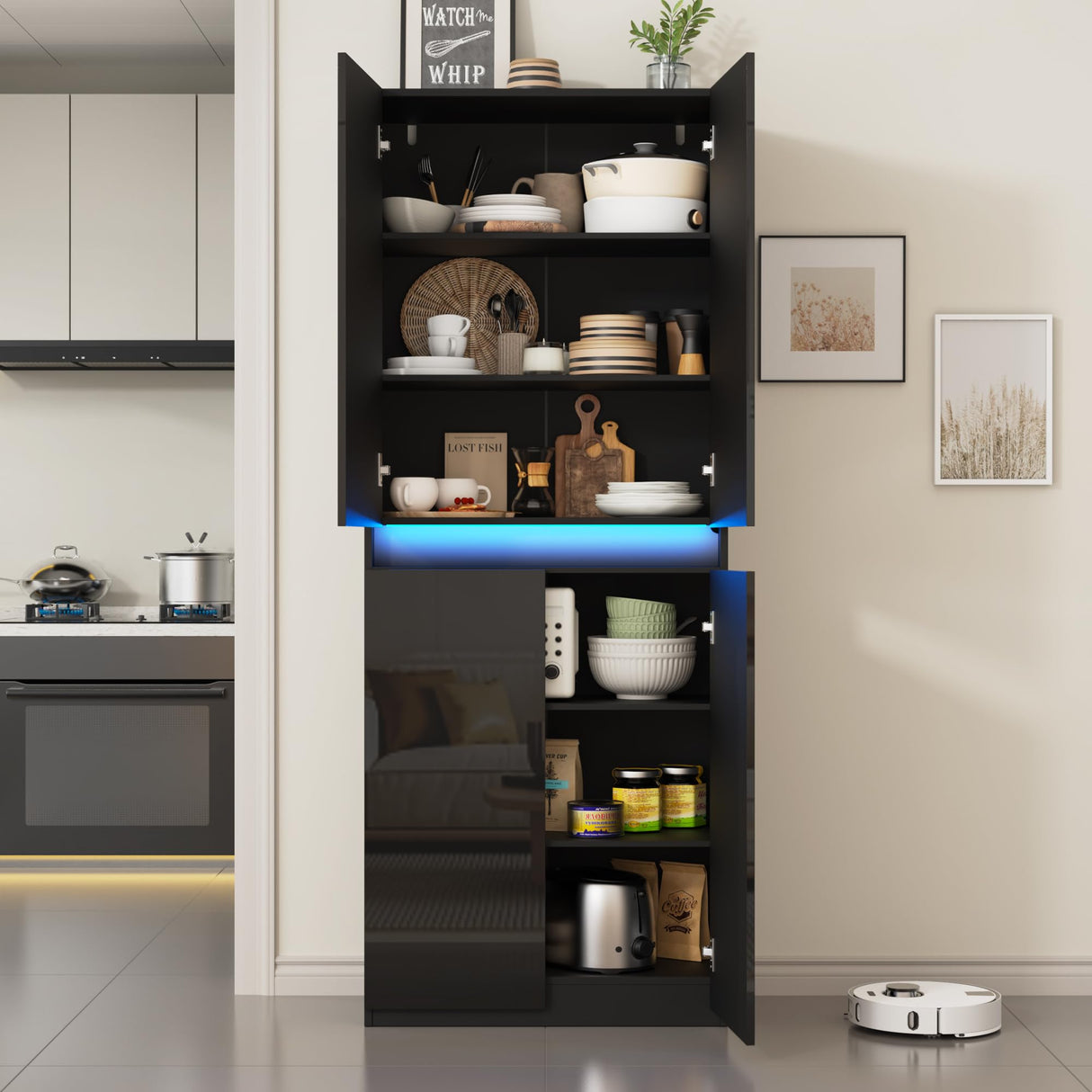 Furnify 71" Tall Pantry Storage Cabinet, Kitchen Pantry with High Gloss Doors, Modern Buffet Hutch Cabinet with Led Light and Adjustable Shelves for Dining Room, Living Room, Black Furnify