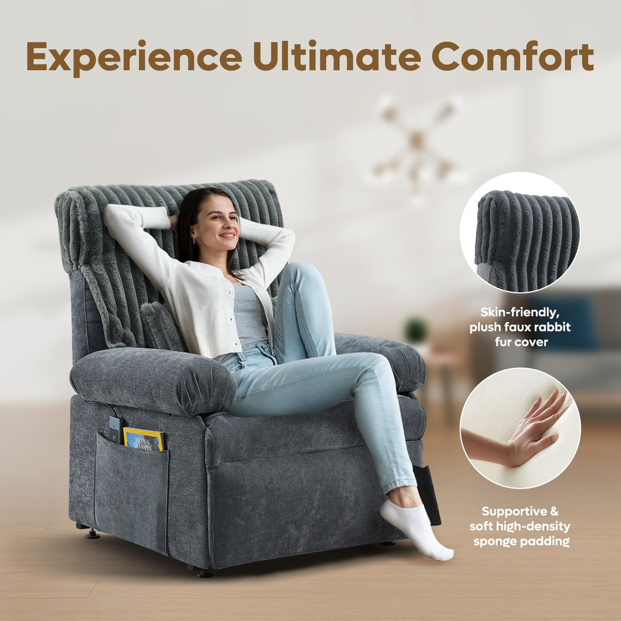 Bestier Triple Motor Power Lift Recliner Chair for Elderly Small with Removable Cover, Lumbar Pillow and Side Pocket, Infinite Positioning for Living Room, Bedroom, Grey Bestier