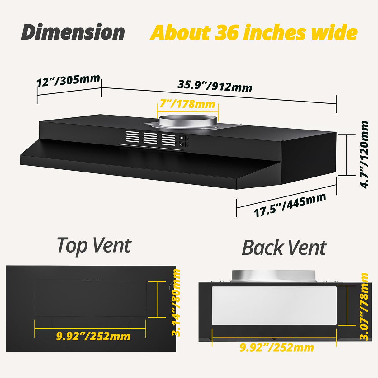 FIREGAS Black Range Hood 36 inch Under Cabinet, Ducted/Ductless Convertible Kitchen Hood, Black Painted Stainless Steel Vent Hood with LED Light,2 Speed Exhaust Fan FIREGAS