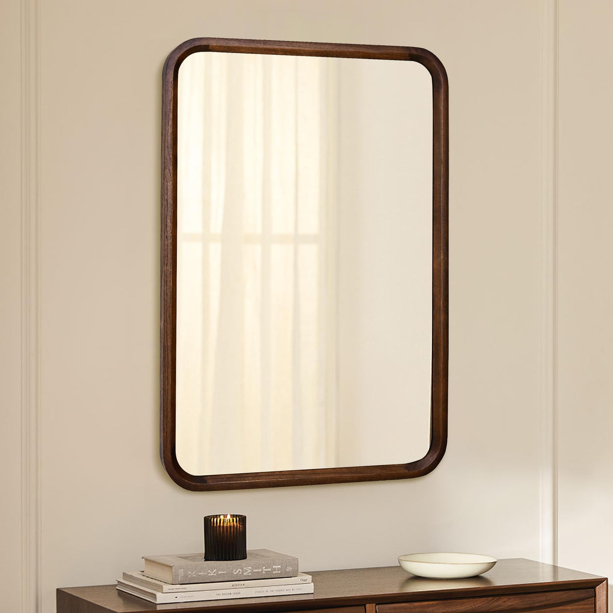Wood Bathroom Mirror for Wall,Brown Rectangle 24 x 36 inch Hanging Vanity Tempered Mirrors with Rounded Corner for Living Room,Bedroom,Entryway (Walnut, 24x36 Inch) CULER