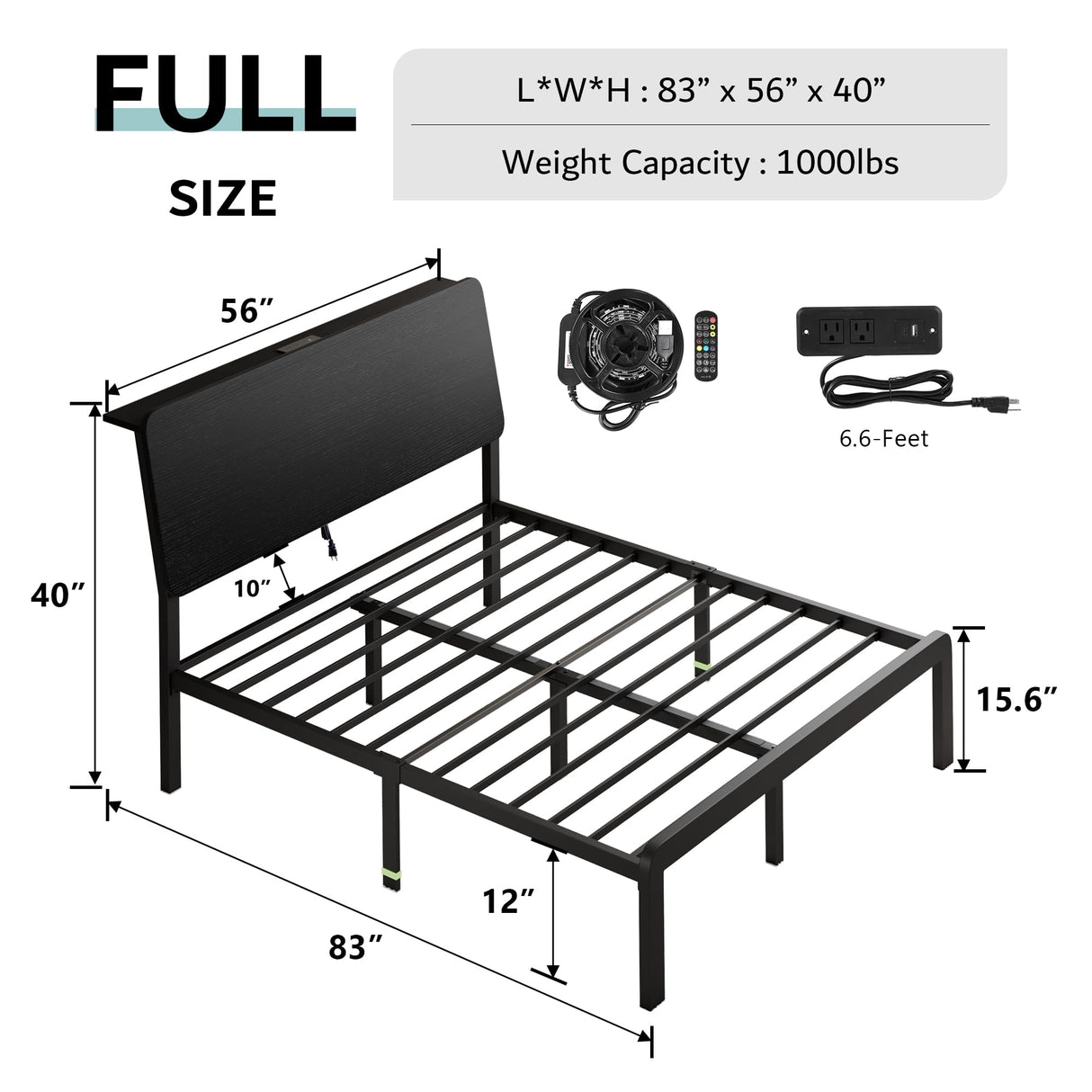 iPormis Full Size Metal Bed Frame with LED Lights & Charging Station, Platform Bed with Ergonomic Storage Headboard, Steel Slats Supports, No Box Spring Needed, Noise-Free, Easy Assembly, Black iPormis