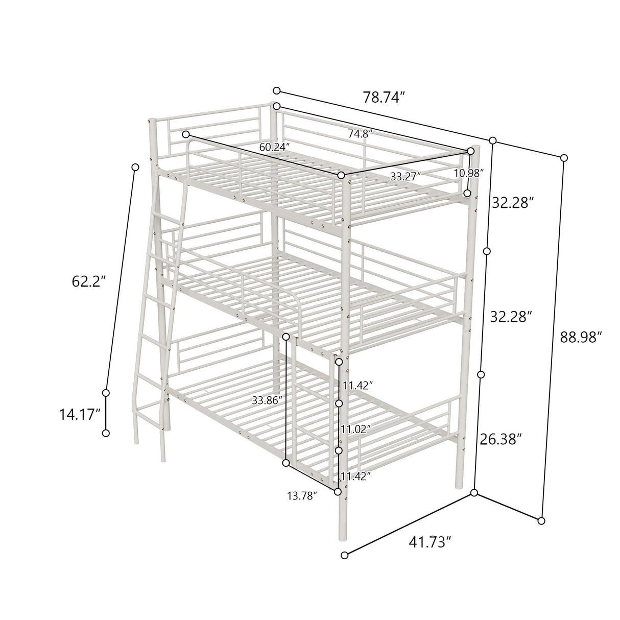 LUMISOL Twin Over Twin Over Twin Triple Bunk Bed, Heavy Duty Metal Triple Bunk Bed Frame with Ladder, Detachable Bunk Beds Can be Divided into 3 Beds, White LUMISOL