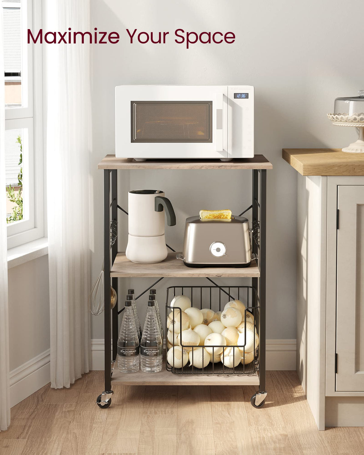 VASAGLE Kitchen Shelf on Wheels, Serving Cart with 3 Shelves, Kitchen Cart, Microwave Shelf, for Mini Oven, Toaster, with 6 Hooks, Industrial Style, Greige and Black UKKS060B02 VASAGLE