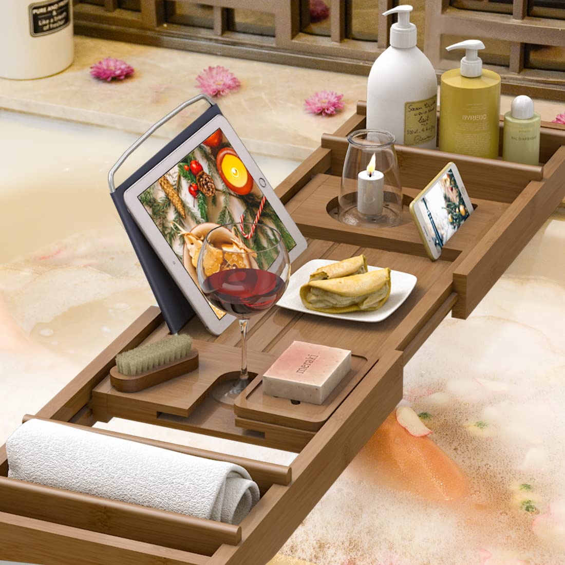 Bath Caddy Tray for Bathtub - Bamboo Adjustable Organizer Tray for Bathroom with Free Soap Dish Suitable for Luxury Spa or Reading(Walnut) Bamfan