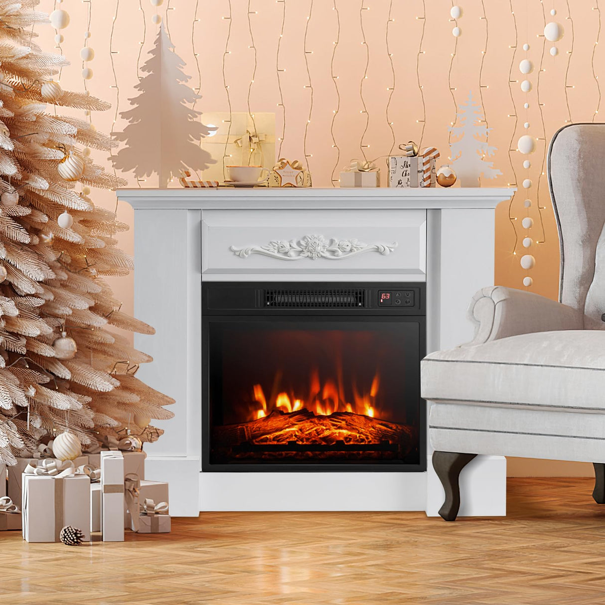 ORALNER 32” Electric Fireplace with Mantel, Package Wooden Firebox Surround Freestanding Fireplace Insert Heater w/ 3 Flame Effects, Remote & 6H Timer, Overheat Protection, 1400W (White) ORALNER