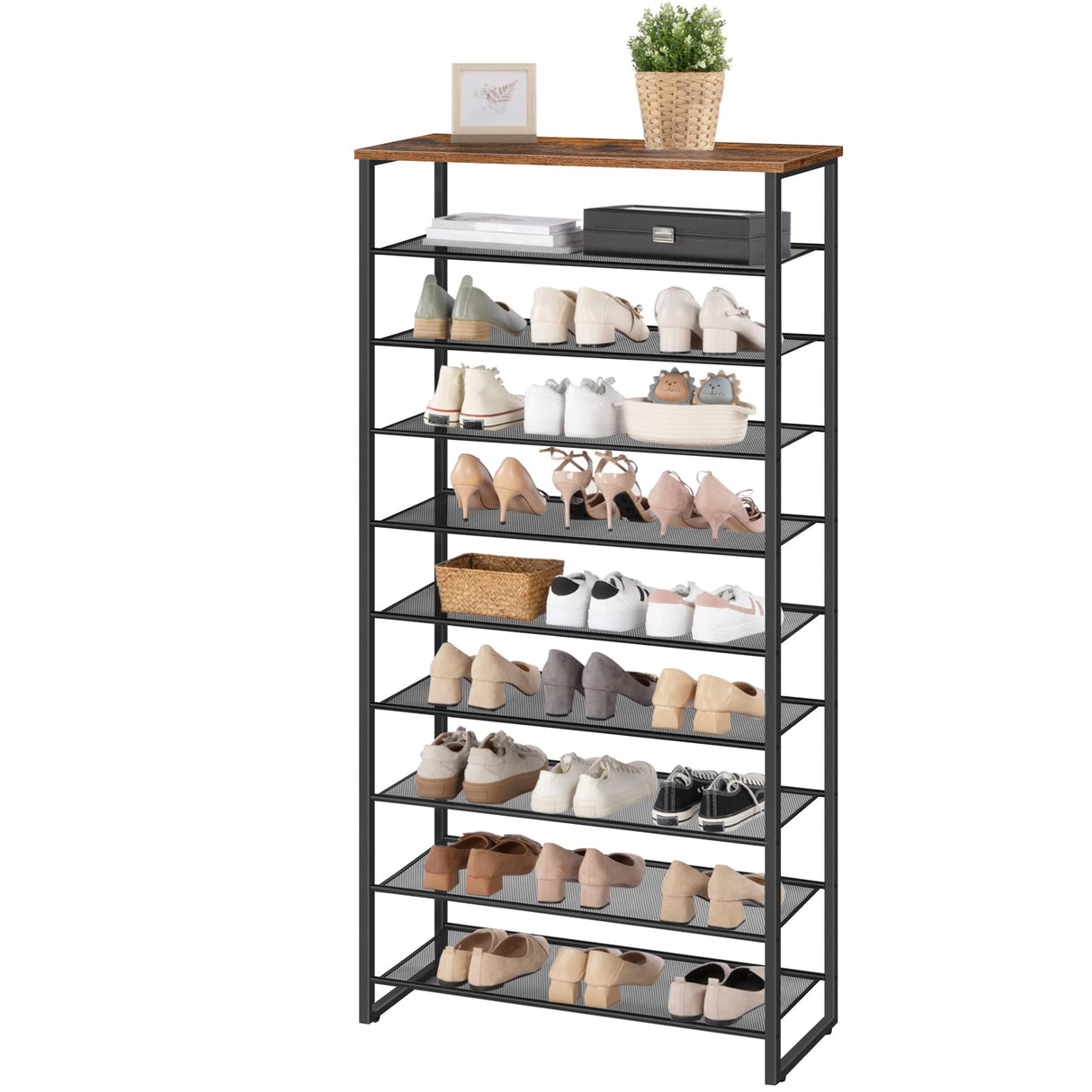 HOOBRO Shoe Rack, 10-Tier Shoe Storage Organizer, Large Capacity Shoe Shelf for Front Door Entrance, Entryway, Hallway, Holds 36-40 Pairs of Shoes, Closet, Rustic Brown and Black BF107XJ01 HOOBRO