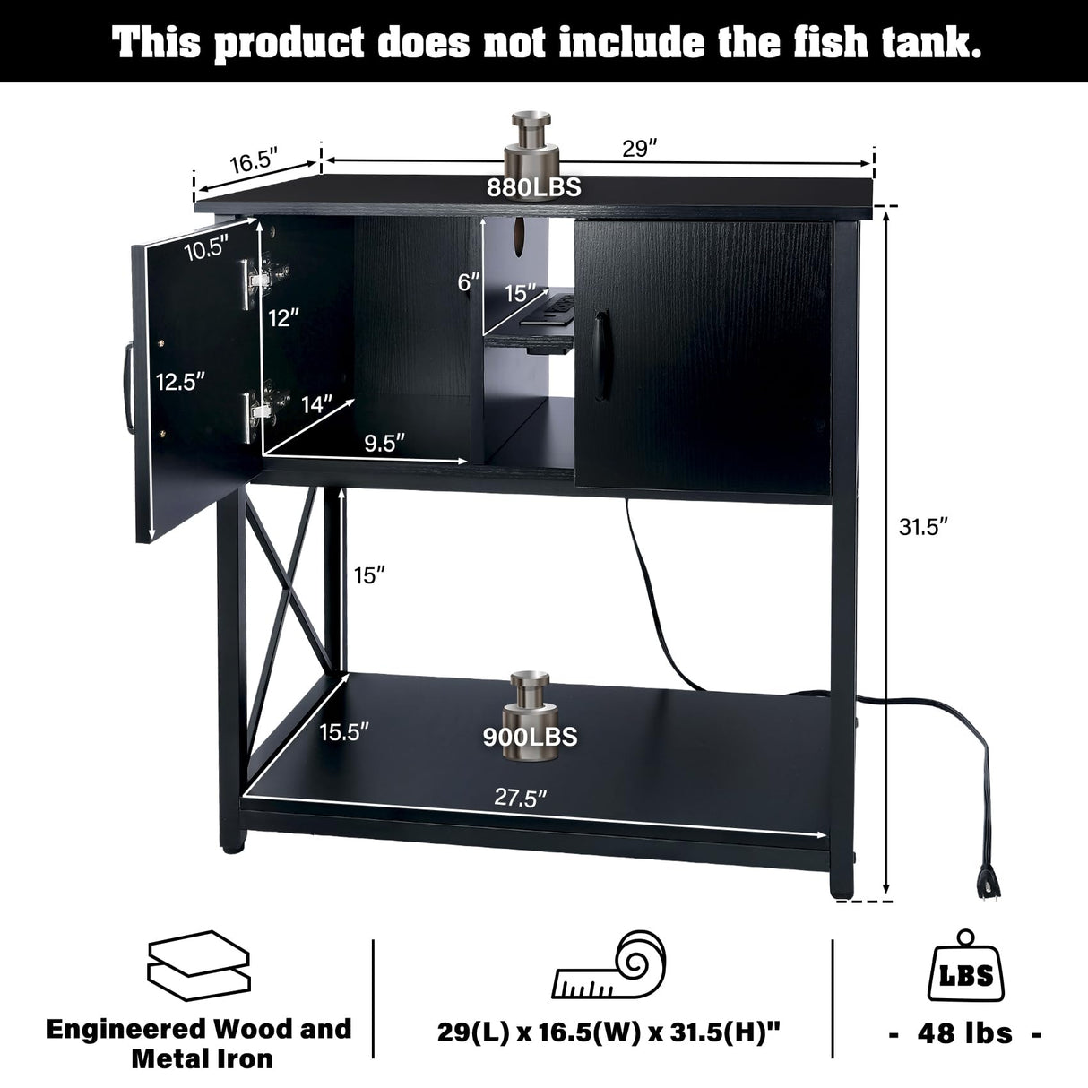 TC-HOMENY 10-29 Gallon Aquarium Stand with Charging Station and Cable Holes, Metal Fish Tank Stand with Storage Cabinet, 29" L x 16.5" W Tabletop, 880LBS Capacity TC-HOMENY