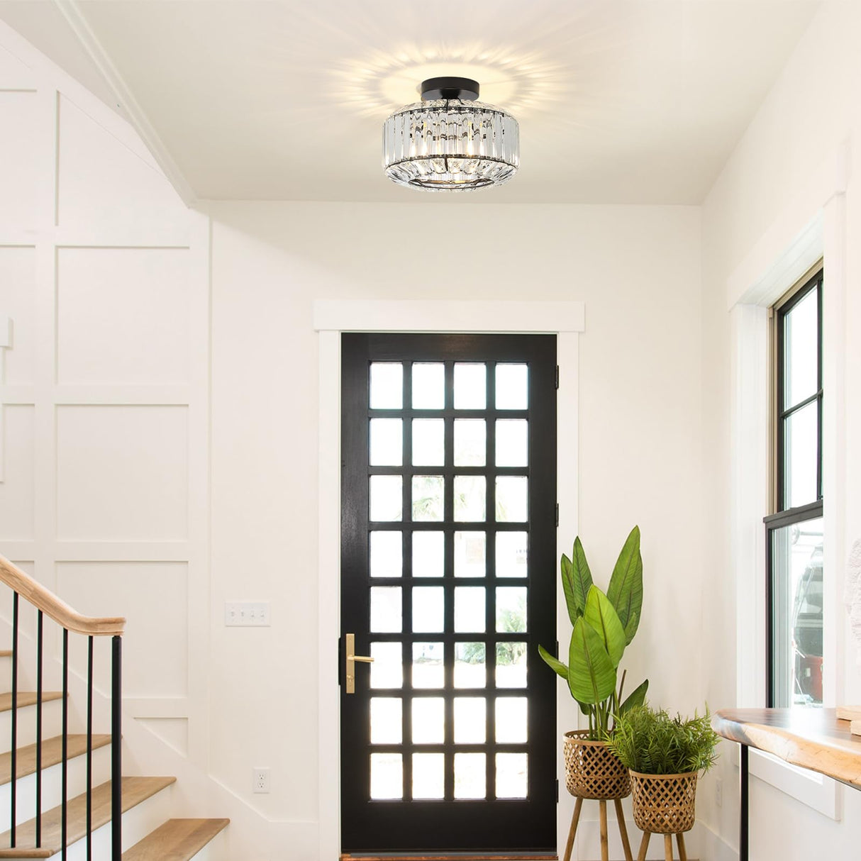 eyassi Crystal Semi Flush Mount Ceiling Light, Black Kitchen Lighting Fixtures Ceiling, Modern Bedroom Chandelier Living Room Light Fixtures Ceiling Mount, Bathroom Ceiling Light for Entryway Hallway eyassi