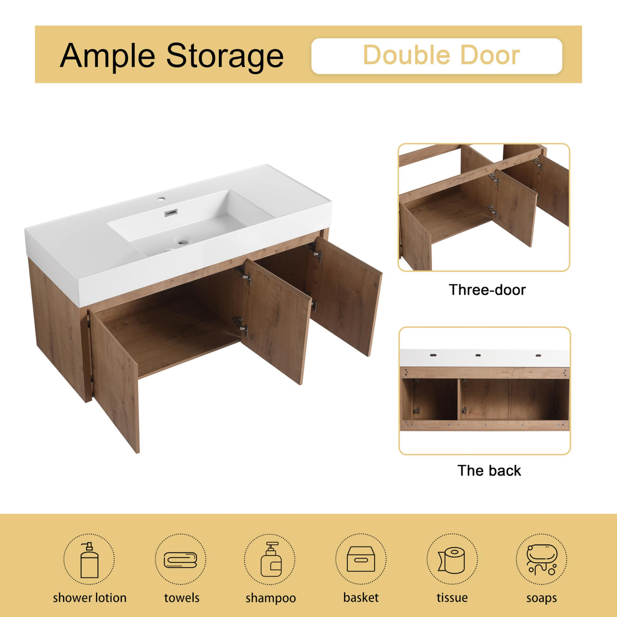 Malwee 48 Inch Floating Bathroom Vanity with Sink, 48'' Single Sink Wall Mounted Bathroom Vanity, with 2 Doors and White Resin Basin Sink Top (035-48) Malwee