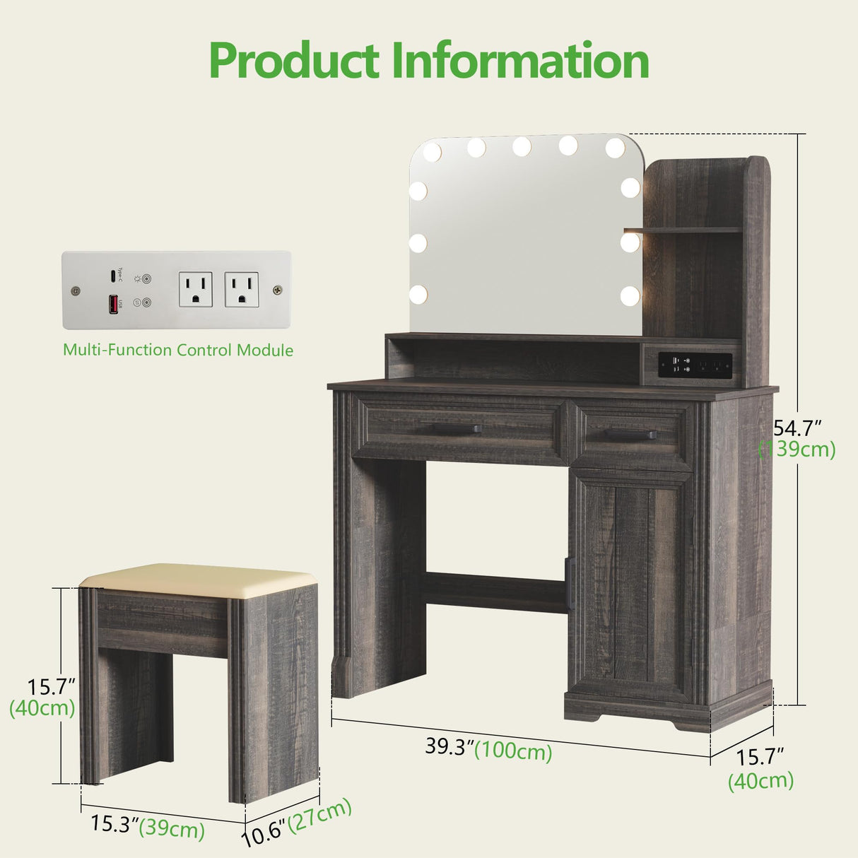 HNEBC Vanity Desk with Mirror and Lights, LED Makeup Vanity with Charging Station(USB+Type-C+2 Outlet), Farmhouse Vanitys Dressing Table with Drawer/11 Bulb,Vanity Chair with Storage (Rustic Brown) HNEBC