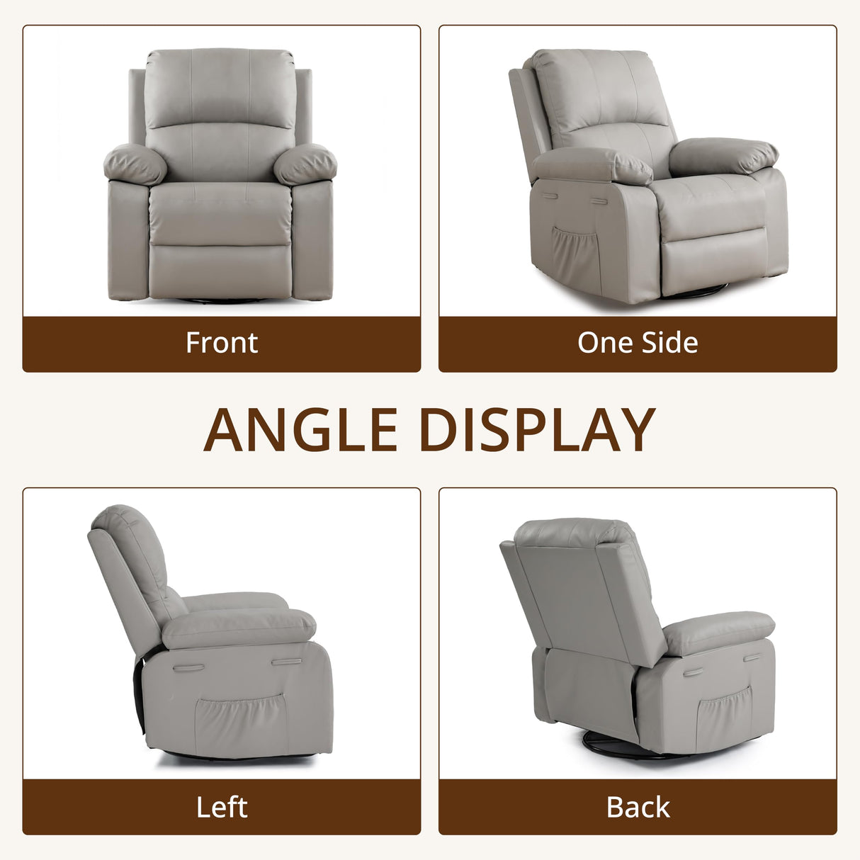zzlay 360° Swivel Rocking Leather Recliner Chair for Adults, Overstuffed Manual Recliner with Spring Cushion, Glider Rocking Nursery Single Sofa with Side Pockets for Living Room, Beige zzlay