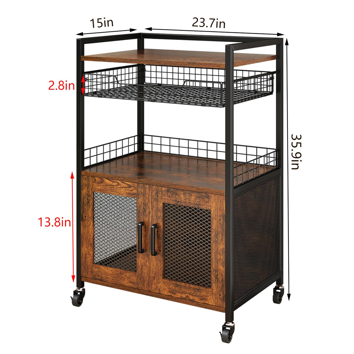 Hencawima Coffee Bar Cabinet, 3 Tier Coffee Station Table on Wheels, 35.9" H Bar Cart with Wire Basket Drawer & 5 Hooks for Home Kitchen, Liquor Buffet Sideboard Cabinet (Rustic Brown) Hencawima