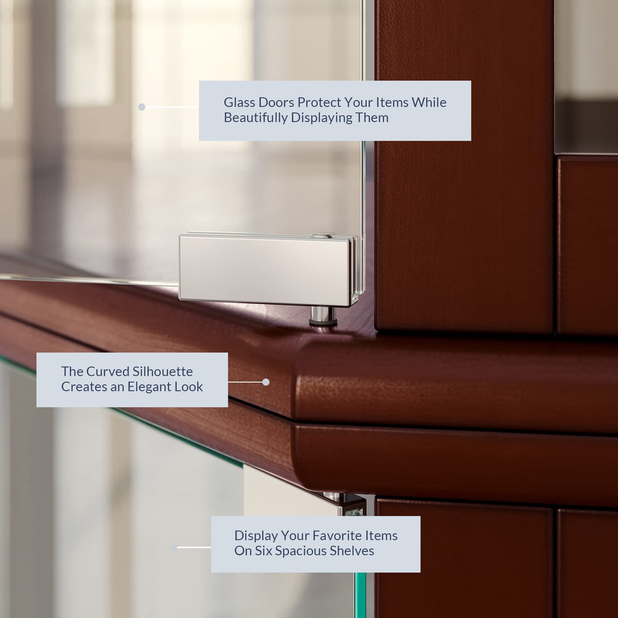 BELLEZE Lighted Corner Display Curio Cabinet Wooden Curved Shelving Unit with Tempered Glass Door, Bar and Liquor Storage Area with 6 Shelves - BELLEZE