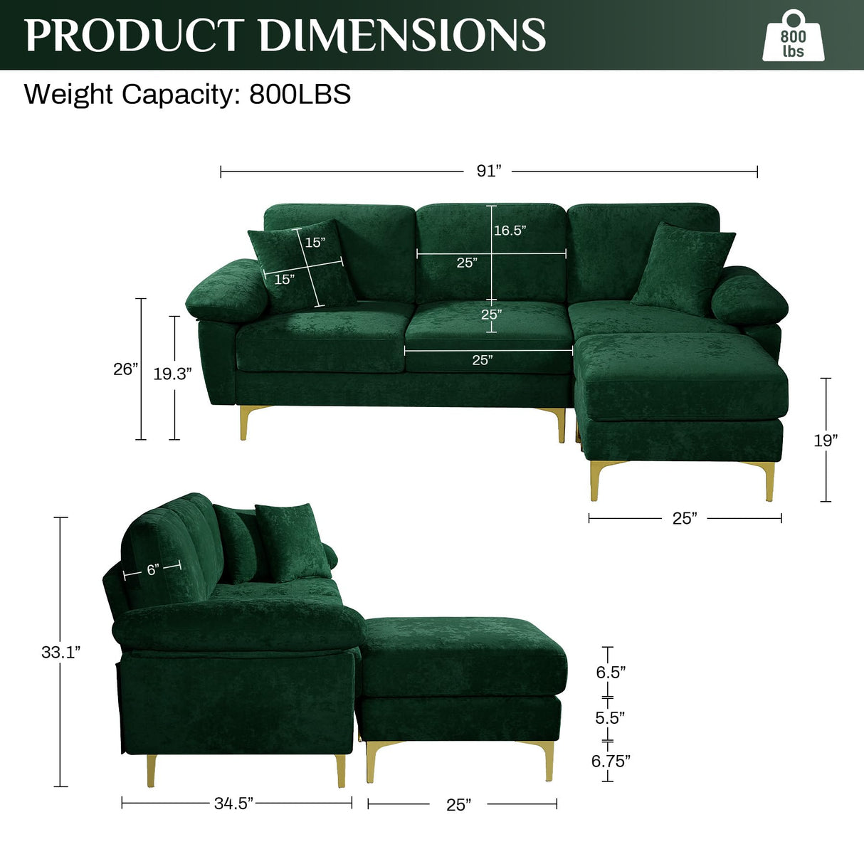 OUYESSIR L Shaped Sectional Sofa Couch, 3 Seat Velvet Sofa with Ottoman and Pillows, Upholstered Comfy Couch Sleeper for Living Room, Bedroom, 91 inches (Green) OUYESSIR