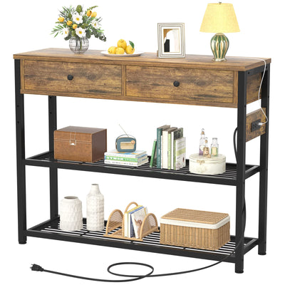 Ecoprsio Entryway Table with Outlets and USB Ports, Console Table with 2 Drawers, Small Sofa Table with Storage Shelves for Living Room, Couch, Hallway, Foyer, Kitchen Counter, 32'', Rustic