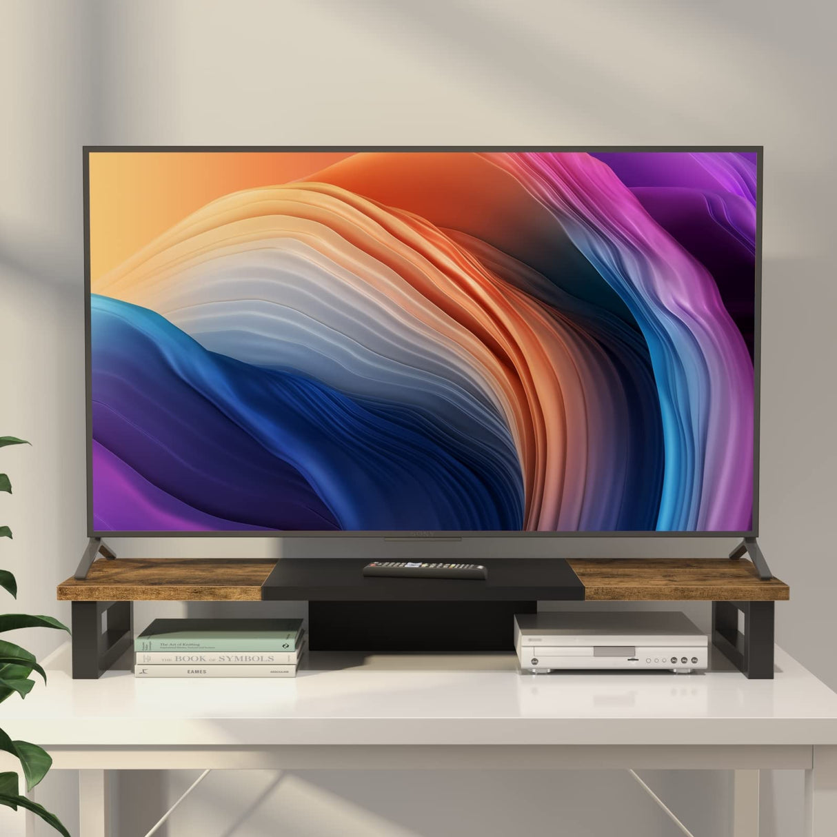 WESTREE Dual Monitor Stand Riser, Wood and Steel Monitor Stand Riser, Computer Monitor Stand for 2 Monitors, Multi-Purpose Desktop Storage Stand for Computer,Laptop,Printer,TV WESTREE