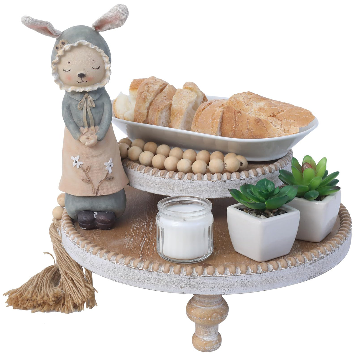 SwallowLiving Rustic Set of 2 Round Wood Tray Riser Farmhouse Pedestal Stand with Beaded Edge for Decor Wooden Finish Cupcake Display for Cakes and Decorative Items 11.8/7.5 inches SwallowLiving