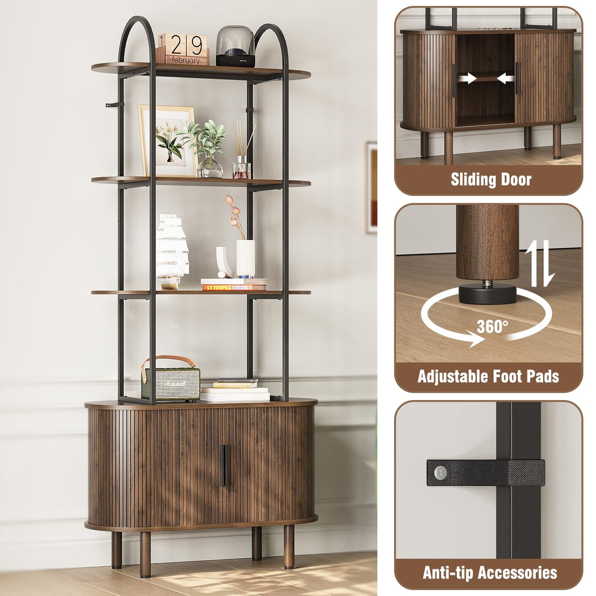 Espelism 71" Tall Mid-Century Display Shelf Bookshelf with Sliding Tambour Doors, 4-Tier Freestanding Vinyl Record Player Stand Fluted Storage Cabinet for Living Room, Bedroom, Home Office Espelism