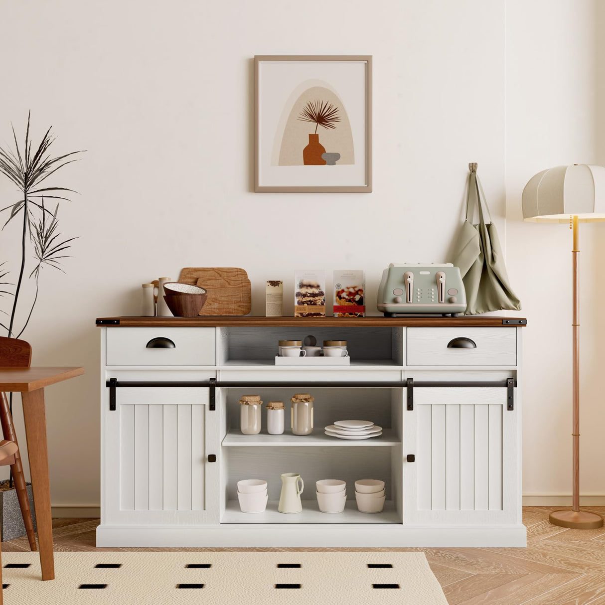 AntsandAnts Farmhouse TV Stand with Sliding Barn Doors & 2 Drawers - Entertainment Center for 65 inch TV, Rustic TV Console with Storage, Living Room TV Cabinet for 65" Television, White AntsandAnts