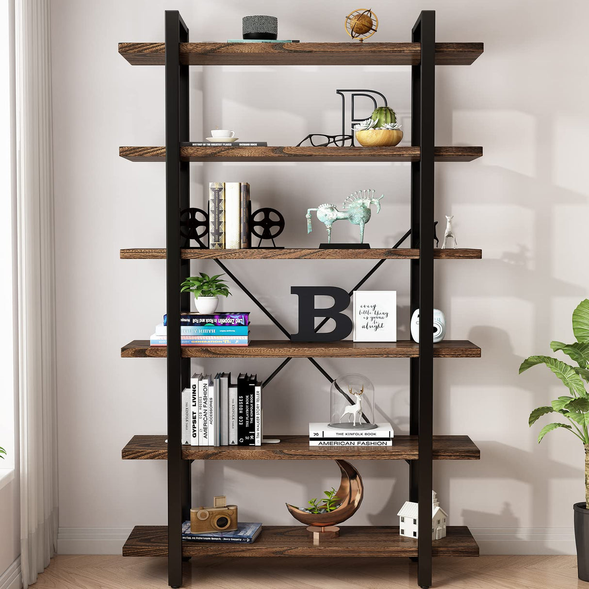 AY-AOYUAN Solid Wood Bookcase and Book Shelves Wood and Metal Shelving Unit 5 Tier Bookshelf Modern Rustic Open Bookshelf Office,Distressed Brown (AY-02-6Tier) AY-AOYUAN