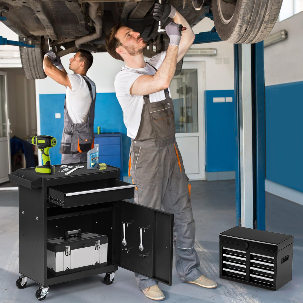 Dawmilon 5-Drawer Rolling Tool Chest with Detachable Top Box, Lockable Wheels, Adjustable Shelf, and Liner, Heavy-Duty Metal Tool Cart for Garage and Workshop Storage, Black Dawmilon