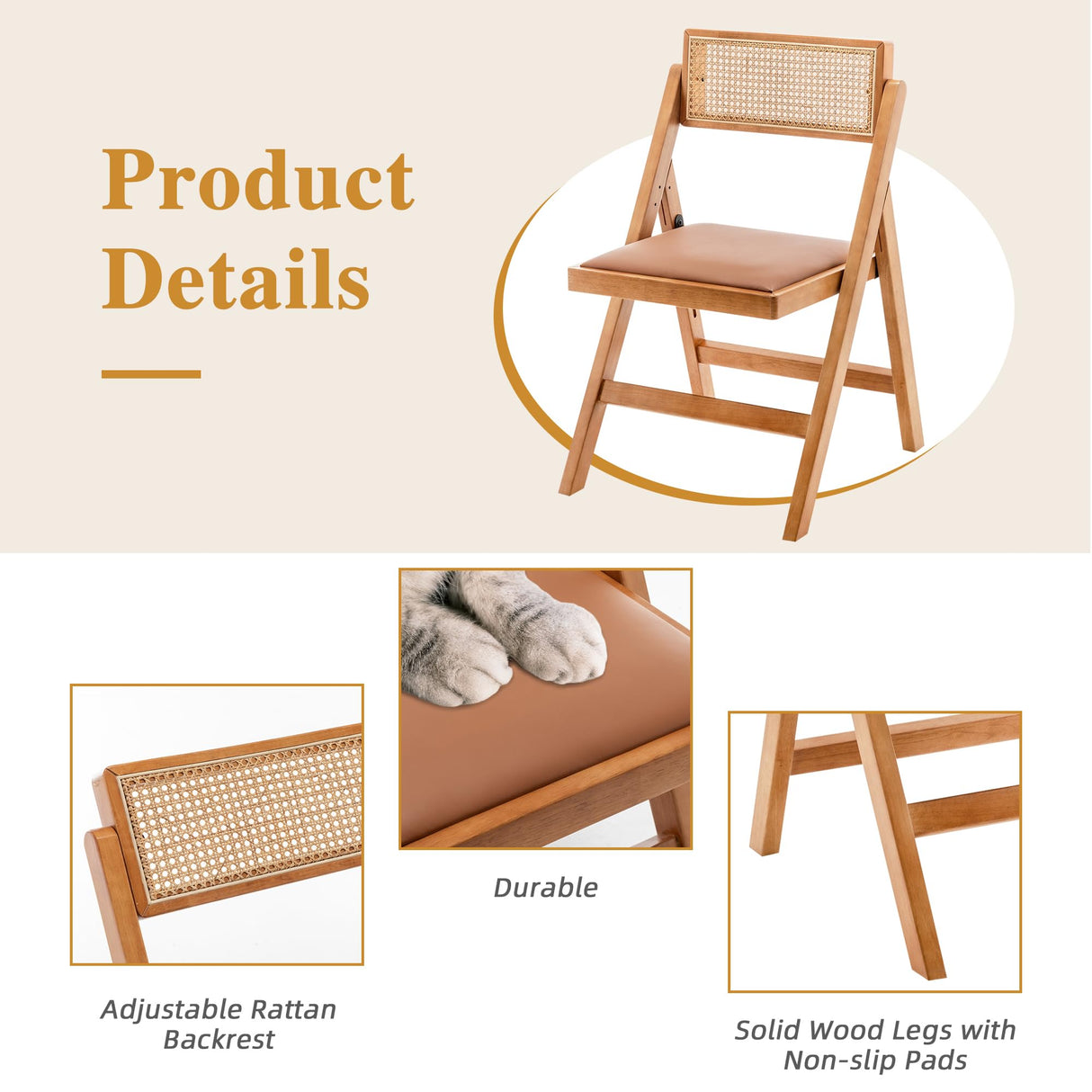 Awonde Wood Folding Chairs Set of 2 Mid Century Modern Accent Rattan Dining Chair for Kitchen Dining Room Living Room Patio Armless Foldable Chair Brown Awonde