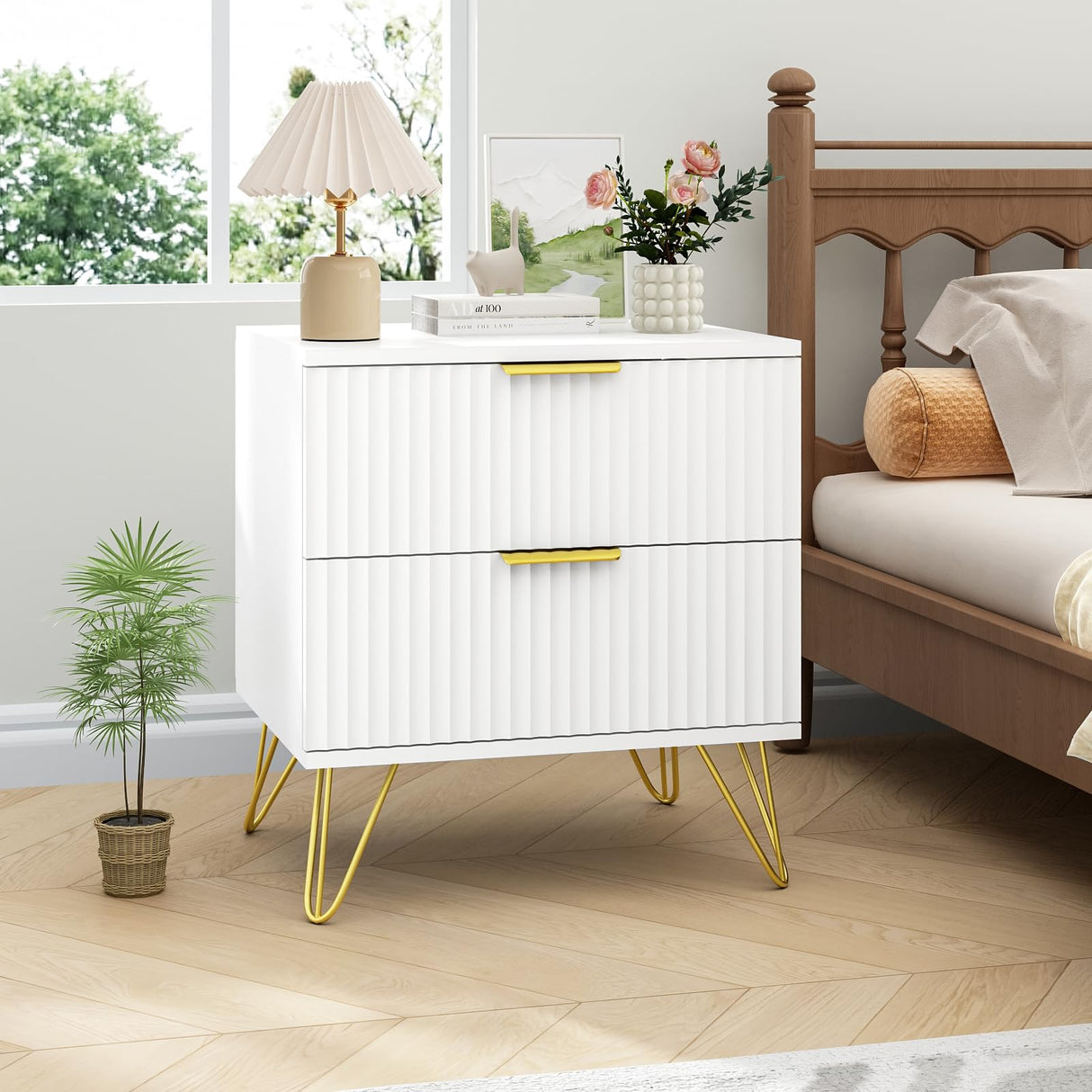 Sscaktu 7 Drawer Dresser and Nightstand Sets for Bedroom, 3 Pcs Bedroom Set,Night Stand Set of 2 & 7 Drawer Dresser with Gold Handles, Modern Wood Chest of Drawers Storage Cabinet Set, White Sscaktu