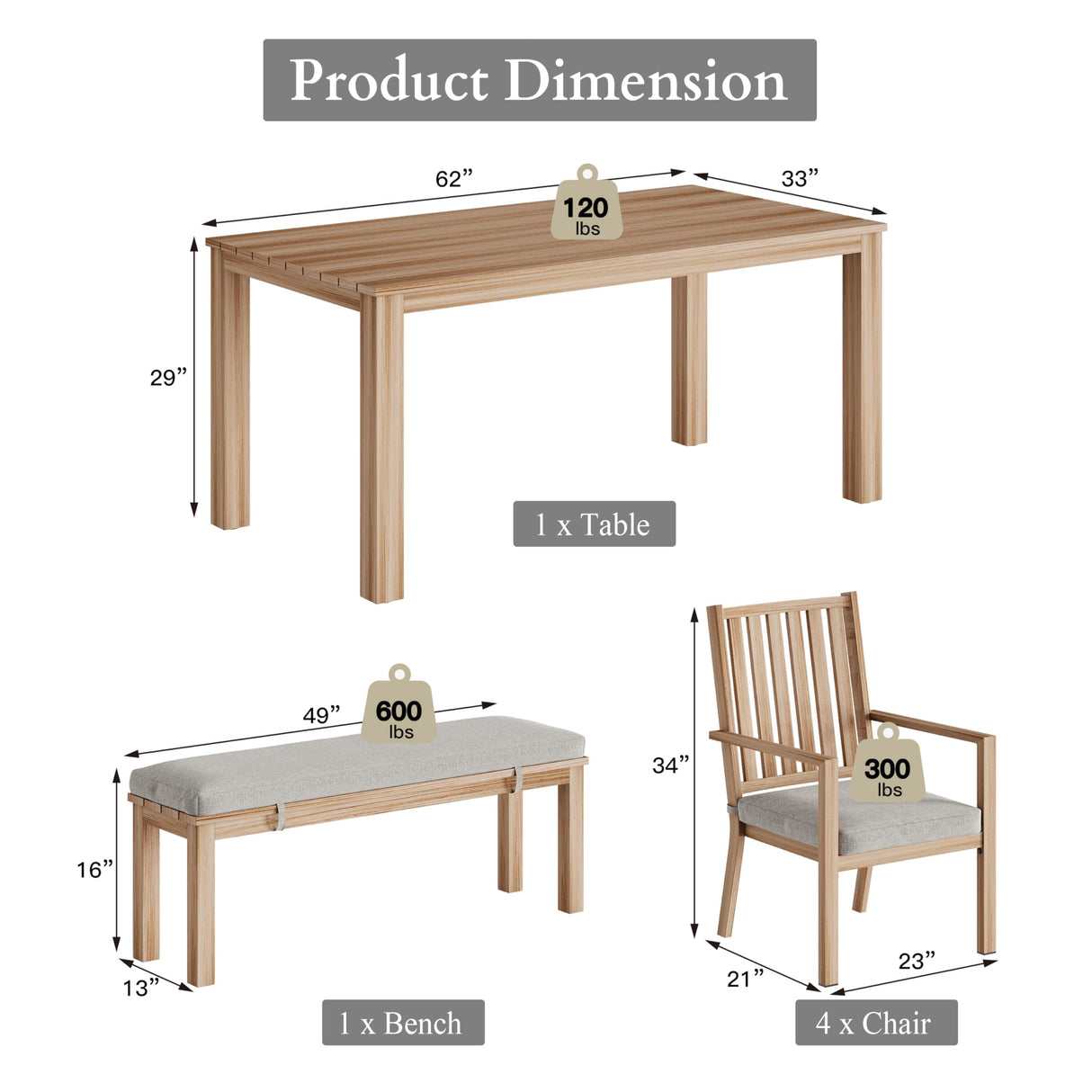RoyalCraft Aluminum 6 Pieces Patio Dining Sets, Outdoor Dining Table with 4 Chairs and Bench, Outdoor Patio Dining Furniture Set with Removable Cushion for Lawn, Garden, Backyard, Brown RoyalCraft