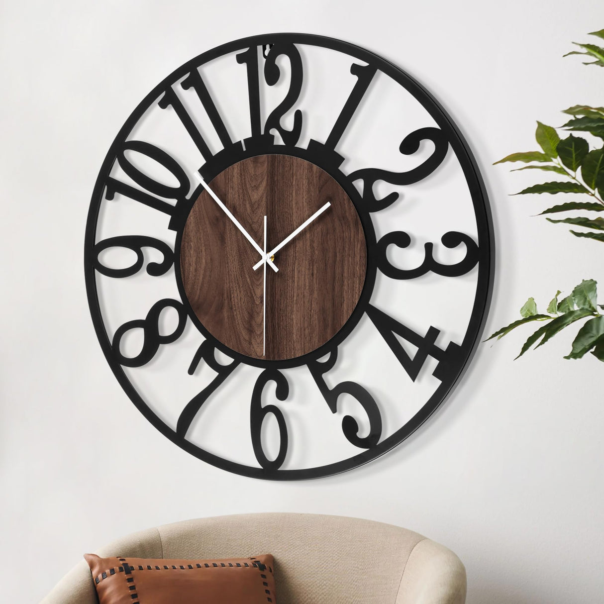 LEIKE Large Wall Clocks,Silent,Non Ticking,Battery Operated Rustic Round Modern Big Wood Wall Clock for Living Room, Bedroom,Kitchen,Farmhouse,Office,Home Decor-16 Inch(Black-Arabic Number) LEIKE