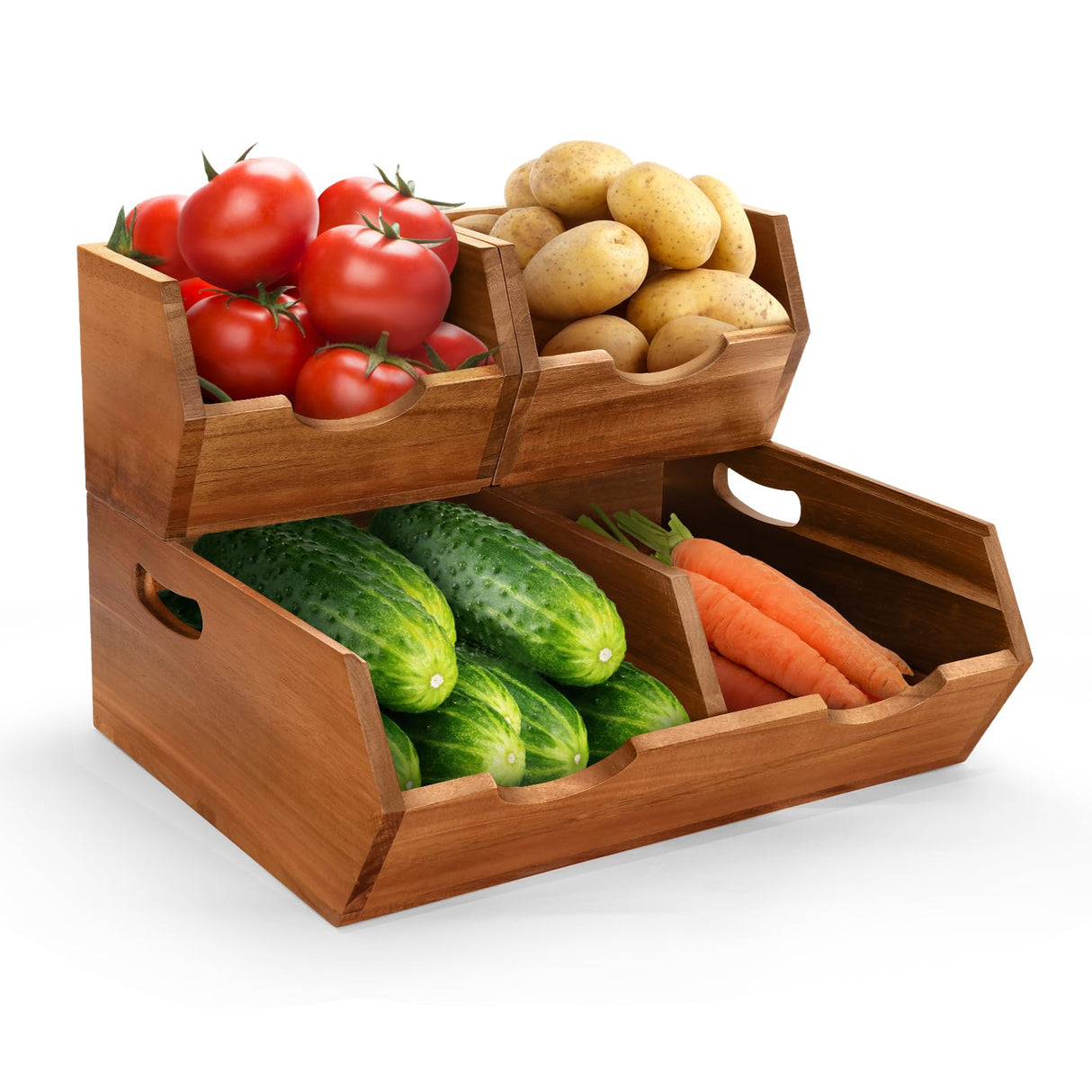 3 in 1 Acacia Wood Pantry Storage Bins for Kitchen(No installation Required)-Potato and Onion Storage Bins,2-tier Vegetable and Fruit Organizer with Anti-slip Mat,Stacking Bins for Kitchen & Pantry EULXSUD