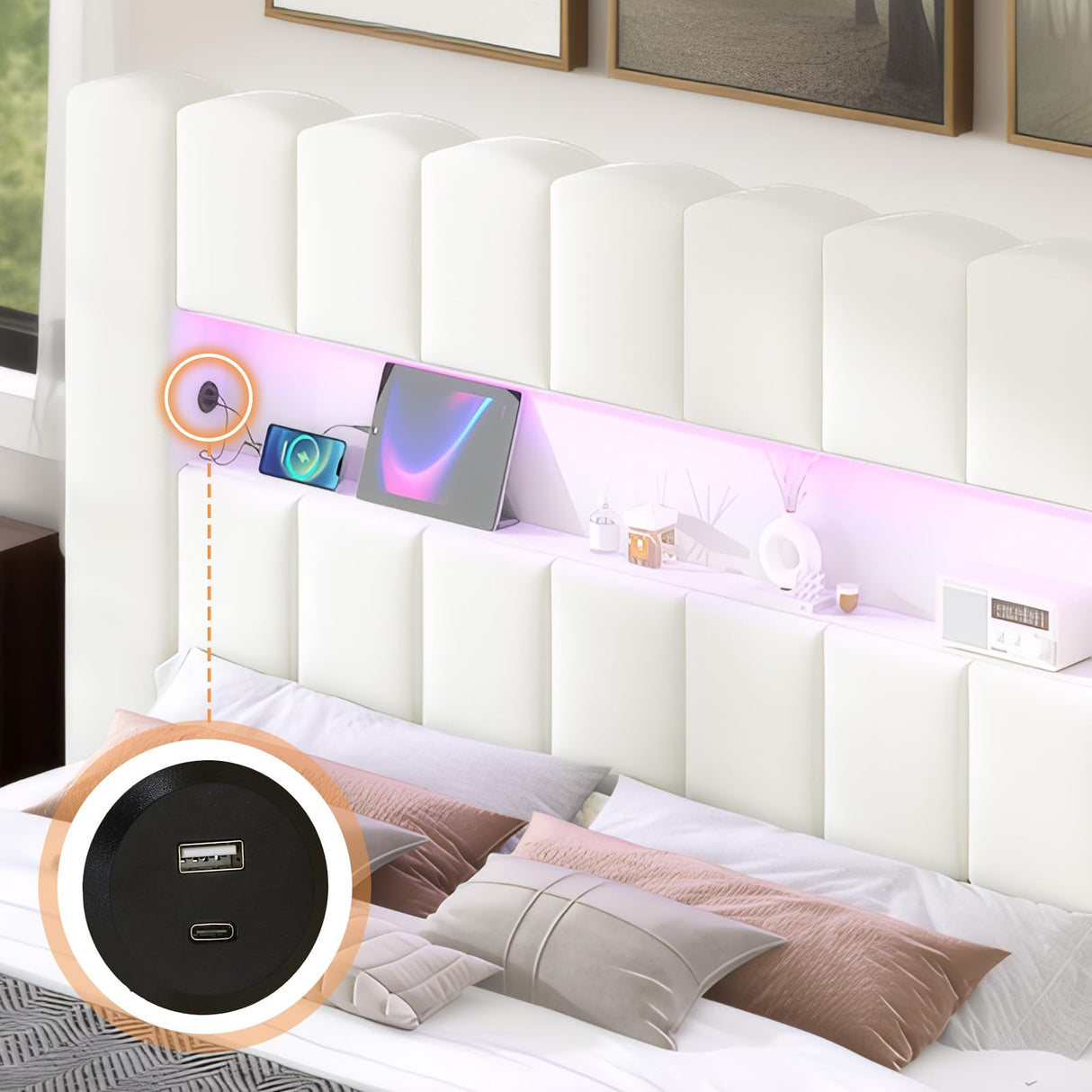 Jocisland King Bed Frame with 51.2" Tall Headboard, LED Lights & Charging Station, Velvet Upholstered Platform, No Box Spring Required, Cream Jocisland