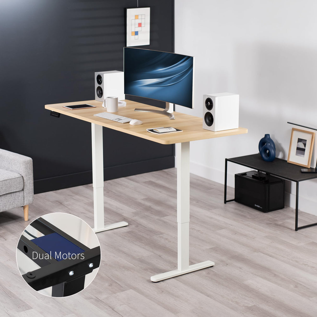 VIVO Electric Height Adjustable 71 x 30 inch Memory Stand Up Desk, Light Wood 30 inch Deep Table Top, White Dual Motor Frame, Preset Controller, E2B Series, DESK-KIT-E2W7C VIVO