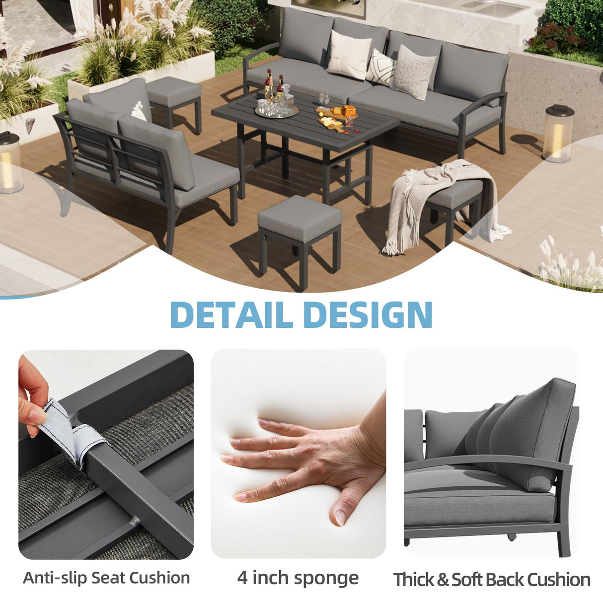 U-MAX Outdoor Patio Furniture Set, 7 Pieces Modern Metal Patio Furniture Set with Waterproof, Outdoor Dining Sofa Set with Table&Chair, Gray Cushions for Balcony, Porch, Lawn, Gray U-MAX