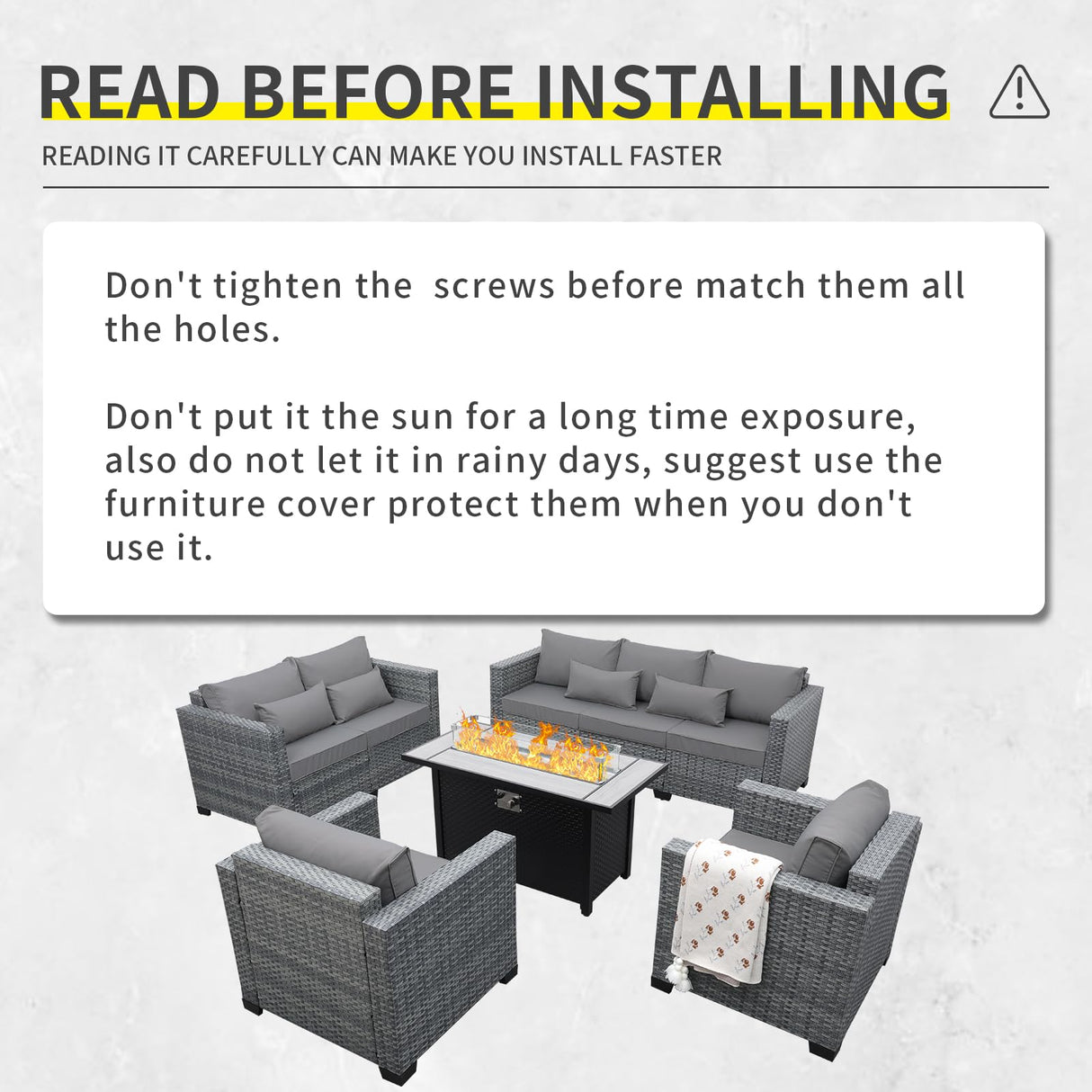 Lviden 5 Piece Wicker Patio Furniture Sets Outdoor Conversation Set, PE Rattan Sectional Sofa Couch with 45" Fire Pit Table and Non-Slip Grey Cushions, Furniture Covers Included Lviden