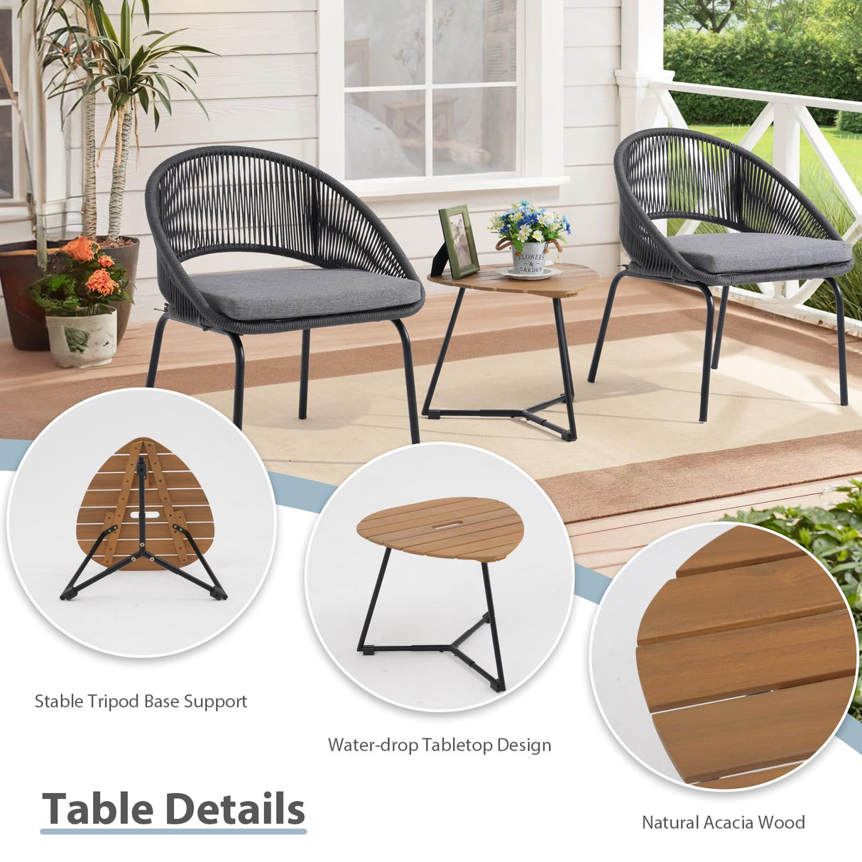 Yangming Patio Furniture Set, 3 Piece Outdoor Bistro Chair Conversation Sets Woven Rope with Wood Coffee Table for Yard Backyard Lawn Garden Porch Backyard Deck Poolside Balcony Yangming