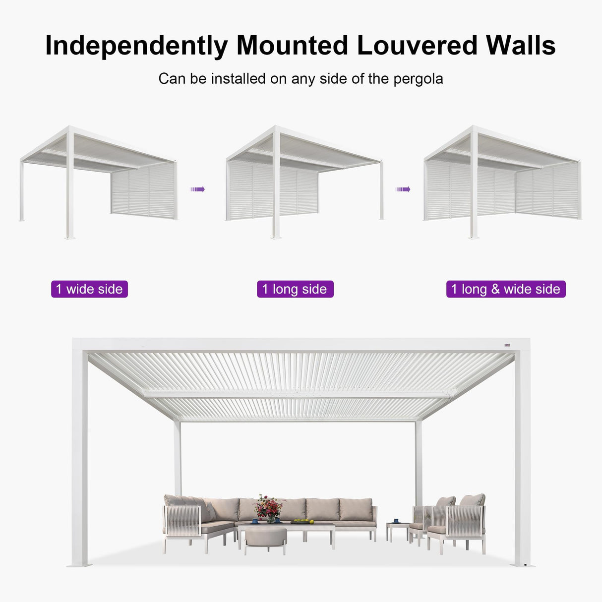 PURPLE LEAF Louvered Pergola 12' x 16' Outdoor White Aluminum Pergola with Fixed Shutter Wall Adjustable Roof Gazebo for Patio Backyard, 1 Long Side and 1 Short Side PURPLE LEAF