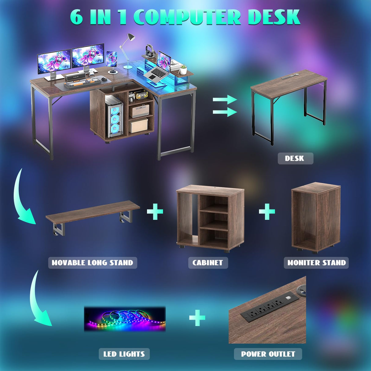 Cyclysio L Shaped Gaming Desk with Wood Cabinet, 58" Large Corner Desk with LED Lights & Power Outlet, Reversible Computer Desk with Monitor Stand, Home Office Desk 2 Person Corner Desk,Rustic Walnut Cyclysio