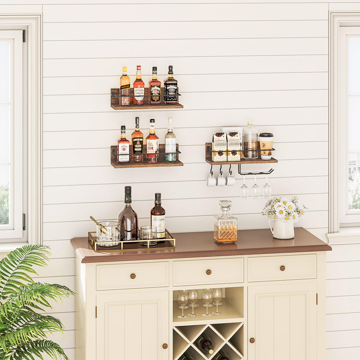 HOOBRO Wall Mounted Wine Rack 3 Pack, Wine Shelf Hanging Floating Wall Shelves, Wine Glass Bottle Rack Stemware Holder, for Living Room, Dining Room, Kitchen, Rustic Brown and Black BF33BJ01 HOOBRO