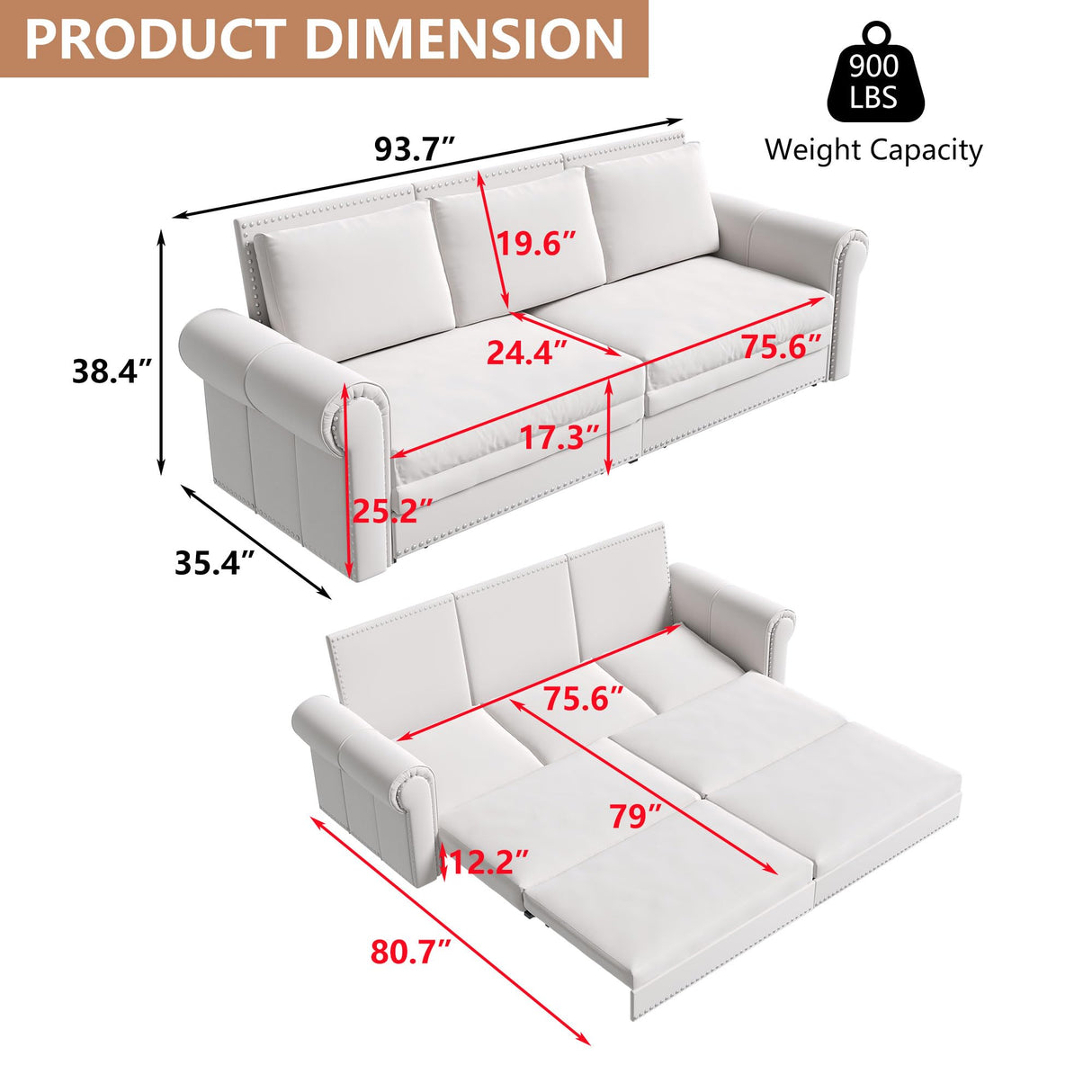 Tmsan 93.7" King Pull Out Sofa Bed, 3 in 1 Convertible Sleeper Sofa, 3 Seat Couch with Nailhead Trim & Rolled Arm for Living Room, Apartment, Office, Beige Velvet Tmsan